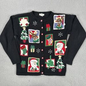 VTG Yarnworks 90s Rudolph Santa Christmas Cardigan Sweater Women Medium Bells